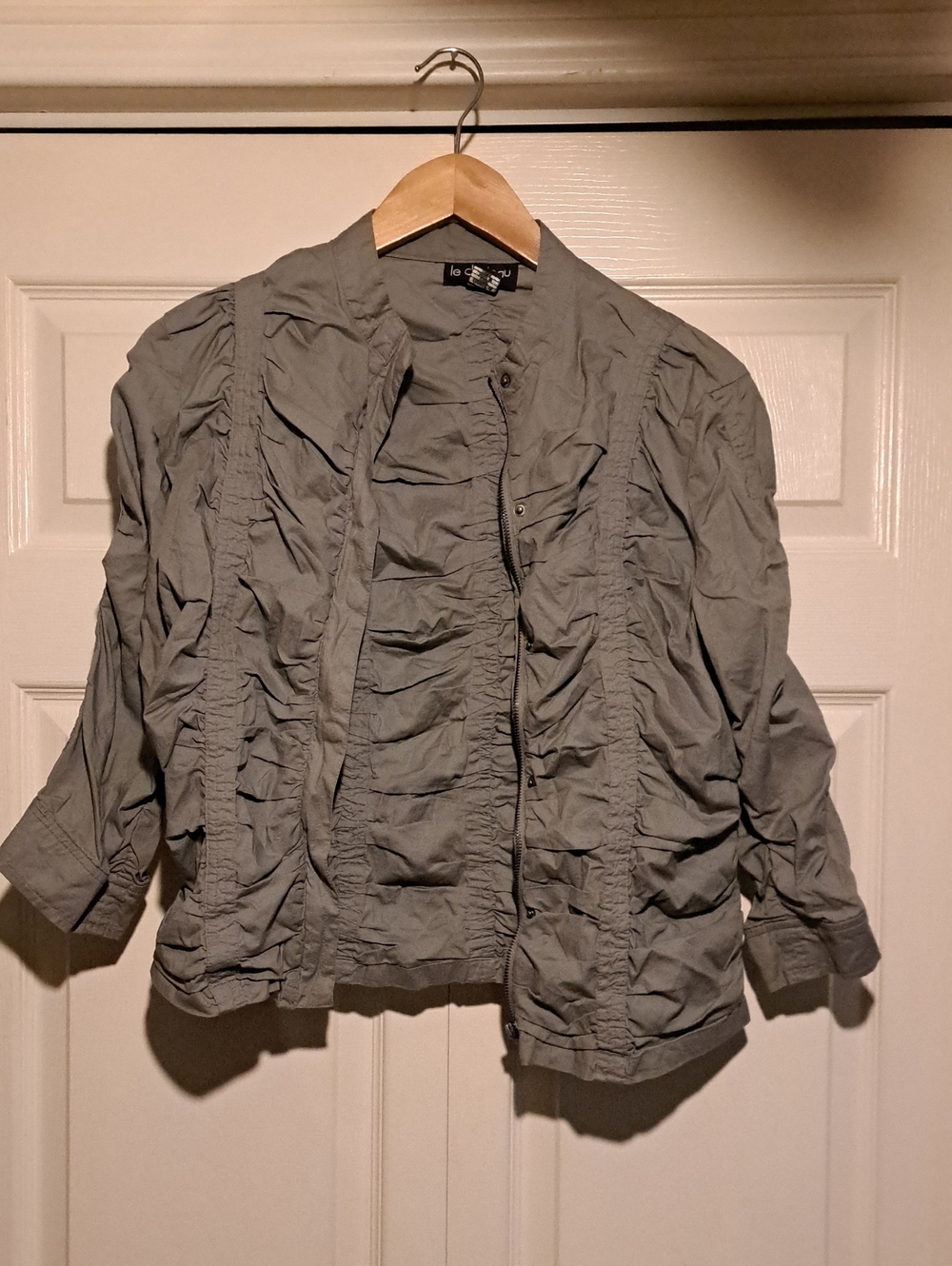 le chateau-Gray Ruffle-Trim Open Front Jacket With zipper & buttons